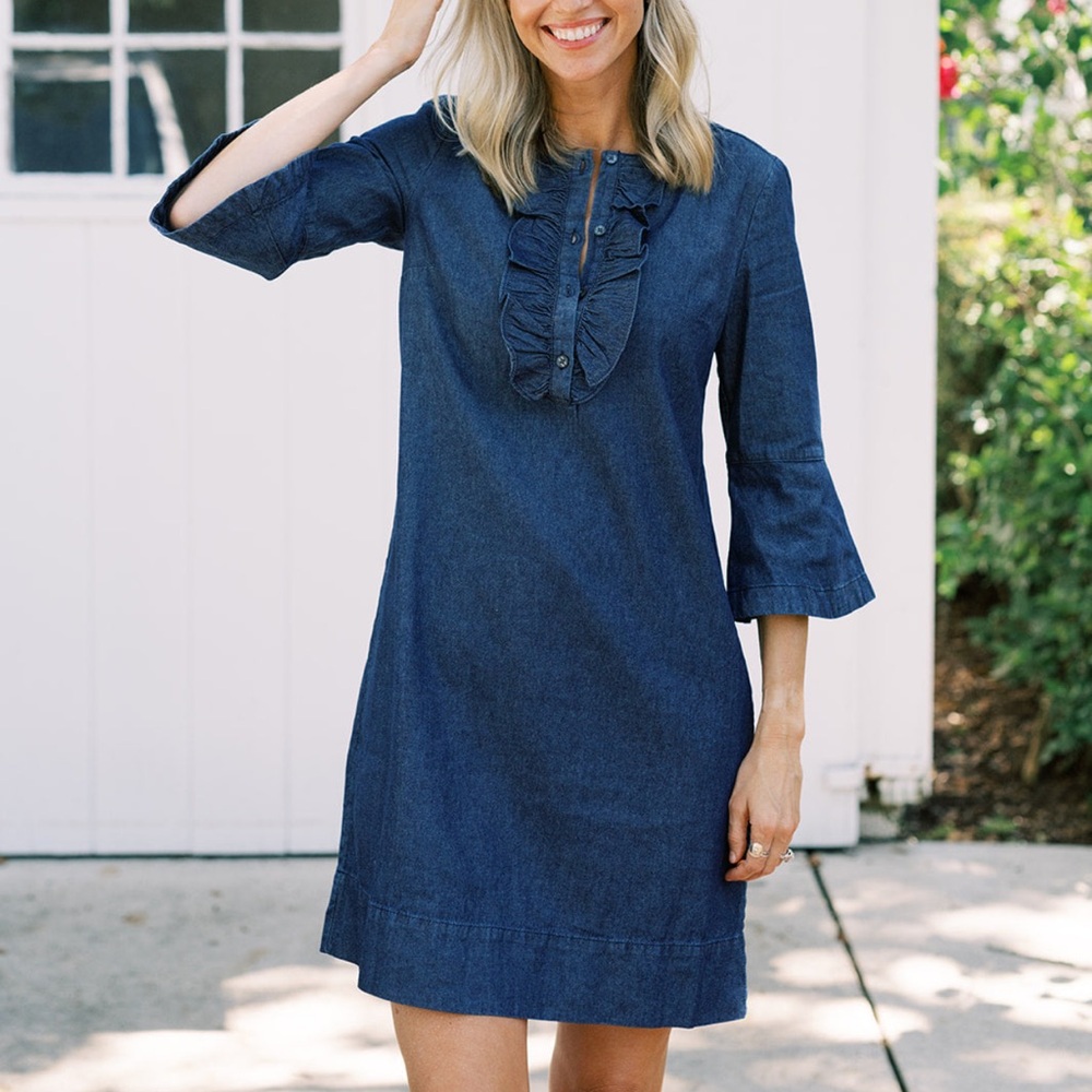 Draper James Chambray Ruffle Shirt Dress Medium Wash Denim Size 4